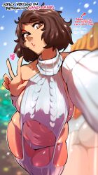 Rule 34 | 1girl, absurdres, breasts, brown eyes, brown hair, haysey, highres, kawakami sadayo, large breasts, looking at viewer, mature female, meme attire, messy hair, parted lips, persona, persona 5, selfie, short hair, sideboob, solo, standing, thick thighs, thighhighs, thighs, v, virgin destroyer sweater, w, white thighhighs