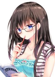 Rule 34 | 1girl, :o, bare shoulders, black-framed eyewear, blue eyes, blue shirt, blush, book, breasts, brown hair, cleavage, collarbone, commentary request, frills, glasses, holding, holding book, holding pen, jewelry, long hair, looking at viewer, medium breasts, necklace, nogi takayoshi, open book, open clothes, open shirt, original, parted lips, pen, shirt, short sleeves, sidelocks, simple background, solo, striped clothes, striped shirt, undershirt, upper body, white background, white shirt