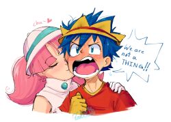 Rule 34 | 1boy, 1girl, artist name, asymmetrical gloves, blue eyes, blue hair, blush, closed eyes, english text, fossil fighters, gloves, hat, heart, highres, hunter (fossil fighters), kiss, kissing cheek, medium hair, open mouth, pink hair, portrait, red shirt, rosie (fossil fighters), shirt, short hair, signature, simple background, sleeveless, sound effects, speech bubble, teeth, tytofi, watermark, white background, white gloves, white shirt, yellow gloves
