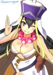 Rule 34 | 1girl, bare shoulders, beads, bikini, bikini top only, black hair, breasts, brown eyes, cleavage, fate/grand order, fate (series), gourd, hat, large breasts, long hair, looking at viewer, one eye closed, ookami maito, parted lips, prayer beads, smile, solo, swimsuit, twitter username, xuangzang sanzang (fate)