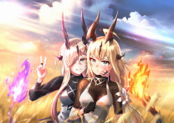 Rule 34 | 2girls, absurdres, alicia leonora, arknights, black gloves, blonde hair, dragon girl, dragon horns, dragon tail, eblana (arknights), evil smile, facing viewer, fire, gloves, green eyes, hair ornament, hand on another&#039;s face, highres, horns, hug, long hair, looking at viewer, md5 mismatch, multiple girls, reed (arknights), reed the flame shadow (arknights), siblings, sisters, smile, sunlight, tail, watermark