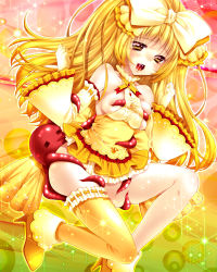 Rule 34 | 1girl, = =, araiguma, bad id, bad pixiv id, bare shoulders, blonde hair, blush, bow, breasts, detached sleeves, dress, hair bow, long hair, medium breasts, mouth hold, octopus, open mouth, original, single thighhigh, solo, sparkle, thighhighs, yellow eyes, yellow thighhighs
