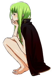 Rule 34 | 00s, barefoot, c.c., cape, code geass, feet, green hair, long hair, lowres, naked cape, nude, profile, simple background, solo, squatting