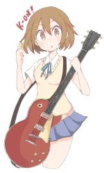 Rule 34 | 1girl, blue skirt, blush, breasts, brown eyes, brown hair, cardigan, collared shirt, copyright name, hair ornament, hairclip, hirasawa yui, holding, holding instrument, holding plectrum, instrument, k-on!, looking at viewer, mikan (mikabe), parted lips, pleated skirt, plectrum, shirt, short hair, short sleeves, simple background, skirt, small breasts, solo, surprised, white background, white shirt
