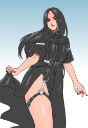 Rule 34 | 1other, belt, black hair, black nails, choker, curtsey, eyeshadow, guilty gear, guilty gear strive, highres, kitsune23star, makeup, o-ring, o-ring belt, o-ring choker, o-ring thigh strap, pulling own clothes, short sleeves, straight hair, testament (guilty gear), thick thighs, thigh strap, thighs
