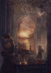 Rule 34 | 1boy, 3others, ambiguous gender, arm up, black coat, black robe, brown hair, brown theme, building, chalice, chandelier, cloud, coat, column, commentary, covered eyes, cowboy shot, cross, crossed arms, crucifixion, cup, earrings, emet-selch, epaulettes, final fantasy, final fantasy xiv, food, fringe trim, from side, fruit, fur-trimmed coat, fur trim, garlean, glowing, grapes, highres, hood, hood up, hooded robe, indoors, jewelry, light rays, long sleeves, male focus, mask, multicolored hair, multiple others, open mouth, pillar, realistic, robe, short hair, silk, spider web, spill, standing, sukly, sunbeam, sunlight, table, two-tone hair, walking, white hair, wide sleeves, zodiark (ff14)