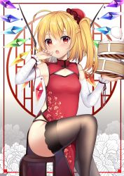 Rule 34 | 1girl, alternate costume, bare shoulders, black thighhighs, blonde hair, bow, braid, crystal, detached sleeves, dress, flandre scarlet, french braid, frills, half updo, hat, highres, looking at viewer, mob cap, open mouth, pelvic curtain, red bow, red dress, red eyes, ribbon, ruhika, short hair, short sleeves, side ponytail, solo, thighhighs, touhou, wings