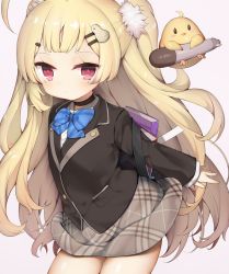 Rule 34 | 1girl, ahoge, azur lane, backpack, bag, bird, black jacket, blazer, blonde hair, blue bow, blue bowtie, blush, book, bow, bowtie, brown skirt, chick, closed mouth, collared shirt, commentary request, cowboy shot, eldridge (azur lane), eldridge (the inquisitive recluse) (azur lane), facial mark, grey background, hair ornament, hairclip, highres, jacket, long hair, long sleeves, looking at viewer, outstretched arm, plaid, plaid bow, plaid bowtie, plaid neckwear, plaid skirt, red eyes, ruler, shirt, simple background, skirt, sleeves past wrists, solo, tomo (ryo i so ), torpedo, two side up, very long hair, white shirt