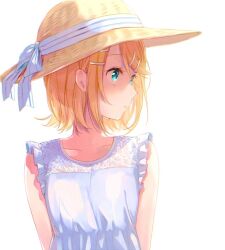 Rule 34 | 1girl, arms at sides, asagao minoru, bare arms, blonde hair, collarbone, double horizontal stripe, dress, expressionless, eyelashes, facing away, flat chest, frills, green eyes, hair behind ear, hair ornament, hairclip, hat, hat ribbon, kagamine rin, looking afar, parted lips, profile, ribbon, shade, short hair, sidelighting, simple background, sleeveless, sleeveless dress, solo, straw hat, striped, striped ribbon, sun hat, sweat, swept bangs, tareme, upper body, vocaloid, white background, white dress, white ribbon