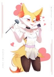 Rule 34 | 1girl, absurdres, animal ear fluff, animal ears, animal nose, apron, artist name, black bra, black fur, blush, body fur, bra, braixen, breasts, collar, collarbone, condom, condom wrapper, cowboy shot, creatures (company), cropped legs, fang, female focus, fox ears, fox girl, fox tail, furry, furry female, game freak, gen 6 pokemon, hands up, happy, heart, highres, holding, holding condom, holding ladle, ladle, looking at viewer, medium breasts, multicolored fur, neck fur, nintendo, open mouth, pokemon, pokemon (creature), red eyes, romaji text, saki tempest, see-through, smile, solo, standing, strapless, strapless bra, tail, thighs, underwear, white apron, white background, white fur, yellow fur