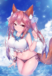 Rule 34 | 1girl, animal ear fluff, animal ears, bikini, bikini bottom only, black bikini, blue bow, blue sailor collar, blue sky, bow, breasts, brown eyes, brown hair, closed mouth, cloud, collarbone, commentary request, crop top, day, fate/grand order, fate (series), fox ears, fox girl, fox tail, groin, hair bow, hand up, highres, large breasts, long hair, navel, outdoors, sailor collar, shirt, side-tie bikini bottom, sky, sleeveless, sleeveless shirt, smile, solo, swimsuit, tail, tail raised, tamamo (fate), tamamo no mae (fate/extra), twintails, twiska (doubitian), very long hair, wading, water, white shirt, wrist cuffs