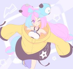 Rule 34 | 1girl, blue hair, blush, botda, breasts, character hair ornament, commentary request, creatures (company), eyelashes, game freak, hair ornament, highres, iono (pokemon), jacket, long hair, looking at viewer, multicolored hair, nintendo, one eye closed, outstretched arms, pantyhose, parted lips, pokemon, pokemon sv, purple eyes, purple hair, purple pantyhose, shirt, single leg pantyhose, sleeveless, sleeveless shirt, solo, star (symbol), two-tone hair, white shirt, yellow jacket
