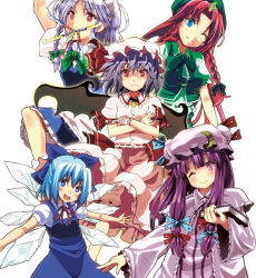 Rule 34 | + +, 5girls, bad id, bad pixiv id, boshi (a-ieba), boshinote, braid, cirno, crossed arms, dress, embodiment of scarlet devil, hat, hong meiling, izayoi sakuya, mob cap, multiple girls, one eye closed, patchouli knowledge, remilia scarlet, striped clothes, striped dress, touhou, twin braids, wink