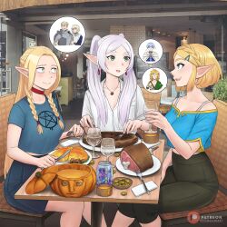 Rule 34 | 3girls, absurdres, black pants, blonde hair, blue eyes, blue shirt, blue skirt, braid, casual, choker, cropped shirt, crown braid, cup, dangle earrings, dismaiden, drinking glass, dungeon meshi, earrings, elf, falin touden, food, fork, frieren, green eyes, grey hair, hamburger steak, high-waist pants, highres, himmel (sousou no frieren), holding, holding fork, holding knife, image in thought bubble, jar, jewelry, knife, laios touden, light blush, link, long hair, marcille donato, meat, multiple girls, necklace, nintendo, open mouth, pants, pentagram, photo background, plate, pointy ears, princess zelda, pumpkin, red choker, restaurant, shirt, short hair, sitting, skirt, sousou no frieren, speech bubble, spoken character, the legend of zelda, the legend of zelda: tears of the kingdom, thick eyebrows, thought bubble, twin braids, twintails, white shirt