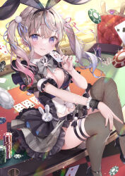 Rule 34 | 1girl, animal ears, black dress, black nails, black thighhighs, blue hair, blush, bow, bowtie, breasts, card, casino card table, detached collar, dress, fake animal ears, floating card, gradient hair, hair ornament, hairclip, highres, holding, holding card, large breasts, light brown hair, looking at viewer, multicolored hair, navel, original, pink hair, playing card, poker chip, poker table, purple eyes, rabbit ears, revealing clothes, sakura shiori, sitting, smile, table, thigh strap, thighhighs, traditional bowtie, twintails, wrist cuffs