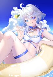 1girl @_@ ahoge alternate_costume bikini blue_hair blue_nails blue_sky breasts cleavage cloud collarbone cowboy_shot cup eyewear_on_head fingernails furina_(genshin_impact) genshin_impact hair_between_eyes heterochromia highres holding holding_cup innertube light_blue_hair looking_at_viewer multicolored_hair nail_polish ocean outdoors parted_lips rinmel9 short_hair sidelocks sitting sky small_breasts solo streaked_hair sunglasses swim_ring swimsuit two-tone_hair water water_drop wet white_bikini white_hair