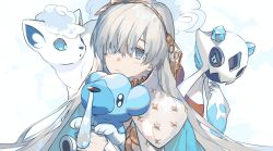 Rule 34 | 1girl, alolan form, alolan vulpix, anastasia (fate), black eyes, blue eyes, blush, closed mouth, creatures (company), crossover, cubchoo, expressionless, fate/grand order, fate (series), froslass, fur collar, game freak, gen 4 pokemon, gen 5 pokemon, gen 7 pokemon, hair ornament, hair over one eye, leaf hair ornament, long hair, looking at viewer, newo (shinra-p), nintendo, pokemon, pokemon (creature), silver hair, snot, straight hair, trait connection, two-tone background, upper body, very long hair