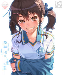 Rule 34 | 1girl, aoi sora (pairan), artist name, black ribbon, blush, brown eyes, brown hair, clothes writing, collarbone, commentary request, green jacket, grin, hair ornament, hair ribbon, hairclip, head tilt, highres, jacket, long hair, long sleeves, looking at viewer, low twintails, off shoulder, original, pairan, parted lips, ribbon, shirt, short sleeves, sidelocks, simple background, sleeves past wrists, smile, solo, tareme, teeth, track jacket, twintails, undressing, upper body, white background, white shirt, wing collar
