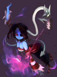 Rule 34 | 1girl, absurdres, bare shoulders, blue skin, breasts, cleavage, colored skin, detached collar, detached sleeves, eye socket, highres, hikiniku, leviathan (skullgirls), red eyes, side ponytail, skullgirls, smile, squigly (skullgirls), stitched mouth, stitches, striped clothes, striped sleeves, striped thighhighs, thighhighs, zombie