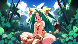 Rule 34 | 1girl, animal ears, animal hands, animal print, bare arms, bare shoulders, blue sky, blush stickers, breasts, cat ears, cat tail, cham cham, cleavage, cloud, cloudy sky, collarbone, commentary request, forest, from below, full body, gloves, green eyes, green hair, hair between eyes, highres, indian style, long hair, looking at viewer, nature, open mouth, outdoors, parted bangs, paw gloves, paw shoes, plant, samurai spirits, shoes, sitting, sky, small breasts, solo, spiked hair, sweat, tail, tank top, tareme, tiger ears, tiger print, tiger tail, tree, v arms, yu 3