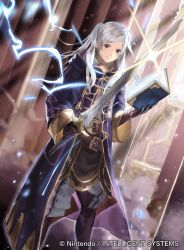 Rule 34 | 1girl, belt, book, brown gloves, closed mouth, company name, copyright name, fire emblem, fire emblem awakening, fire emblem cipher, gloves, holding, holding book, holding sword, holding weapon, long sleeves, mayo (becky2006), nintendo, official art, open book, robin (female) (fire emblem), robin (fire emblem), smile, solo, sword, twintails, weapon, white hair, wizard