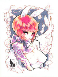 Rule 34 | 1girl, arm tattoo, artist name, barachan, bob cut, border, breasts, cleavage, cropped arms, cropped torso, feathered wings, feathers, flower, flower tattoo, grey background, large breasts, looking at viewer, original, red eyes, red hair, rose, short hair, solo, tattoo, thorns, upper body, white border, white feathers, white wings, wings