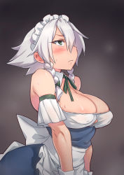 Rule 34 | 1girl, adapted costume, alternate costume, apron, bare shoulders, blush, braid, breasts, cleavage, detached collar, dress, green eyes, green ribbon, hair ribbon, izayoi sakuya, large breasts, maid headdress, ribbon, simple background, solo, sweat, touhou, tress ribbon, try (lsc), twin braids, upper body, white background