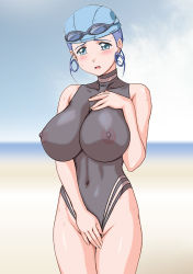 Rule 34 | 00s, 1girl, bathing cap, beach, blue eyes, breasts, covering privates, covering crotch, embarrassed, covered erect nipples, genka ichien, hand on breast, huge breasts, impossible clothes, nipples, purple hair, sand, see-through, see-through swimsuit, solo, swimsuit, tokimeki memorial, tokimeki memorial only love, utsumi koayu, water, wet