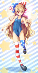 Rule 34 | 1girl, alternate costume, american flag, black footwear, blonde hair, blue bow, blue one-piece swimsuit, bow, chima q, clownpiece, fairy wings, fire, full body, hair bow, highres, long hair, looking down, one-piece swimsuit, red bow, red eyes, shoes, solo, squiggle, standing, standing on one leg, star (symbol), star print, striped clothes, striped thighhighs, swimsuit, thighhighs, torch, touhou, transparent wings, very long hair, wavy hair, wings