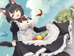 Rule 34 | 1girl, animal ear fluff, animal ears, apple, apron, black hair, blue butterfly, bow, breasts, bug, butterfly, cloud, cloudy sky, dress, food, fruit, hair between eyes, hair bow, hair ornament, heterochromia, highres, holding, holding clothes, holding dress, insect, jun project, long sleeves, looking at viewer, maid, maid apron, maid headdress, medium breasts, open mouth, outdoors, short hair, sky, smile, tail