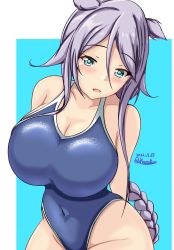 Rule 34 | 1girl, blue background, blue eyes, blue one-piece swimsuit, blush, braid, breasts, competition swimsuit, covered navel, dated, hair flaps, highres, impossible clothes, impossible swimsuit, kantai collection, large breasts, long hair, mole, mole under eye, montemasa, one-piece swimsuit, open mouth, signature, single braid, solo, swimsuit, twitter username, umikaze (kancolle), umikaze kai ni (kancolle), very long hair, white background, white hair