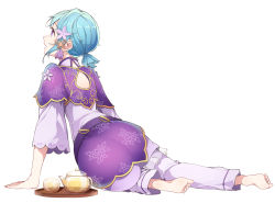 Rule 34 | 1boy, ass, barefoot, blue hair, commentary request, cup, ensemble stars!, feet, full body, hair ornament, kinakomoti, long sleeves, looking away, low ponytail, male focus, open mouth, profile, purple eyes, shino hajime, short hair, short ponytail, simple background, sitting, soles, solo, teapot, tray, white background, wide sleeves, yokozuwari