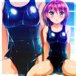 Rule 34 | 1girl, bad id, bad pixiv id, brown eyes, higa, one-piece swimsuit, original, pink hair, school swimsuit, shiny clothes, short hair, spread legs, swimsuit, wet, zoom layer