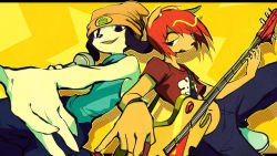 Rule 34 | 1boy, 1girl, animal ears, back-to-back, beanie, black eyes, blue shirt, dog ears, electric guitar, furry, furry female, furry male, guitar, hat, holding, holding instrument, holding microphone, instrument, lammy (um jammer lammy), microphone, music, open mouth, pants, parappa, parappa the rapper, playing instrument, red hair, red shirt, shirt, sio (fireflufferz), sleeveless, t-shirt, um jammer lammy, watch, wristwatch, yellow background