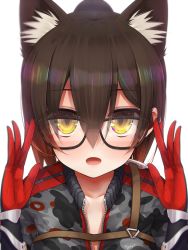 Rule 34 | 1girl, adjusting eyewear, animal ears, arms up, bad id, bad pixiv id, black-framed eyewear, blush, brown eyes, brown hair, cat ears, commentary request, glasses, gloves, grey jacket, hair between eyes, highres, hololive, jacket, long hair, long sleeves, looking at viewer, mechanical arms, open mouth, red gloves, roboco-san, roboco-san (1st costume), simple background, solo, tanyatonya, virtual youtuber, white background