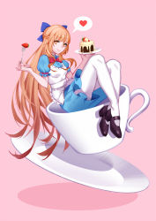 Rule 34 | 1girl, apron, blue dress, bow, braid, breasts, brown eyes, brown hair, cake, cup, dress, eyeliner, food, fork, french braid, fruit, full body, hair bow, heart, highres, in container, in cup, long hair, makeup, mary janes, mini person, minigirl, pantyhose, pink background, puffy short sleeves, puffy sleeves, quan zhi gao shou, shoes, short sleeves, small breasts, smile, solo, spoken heart, strawberry, su mucheng, teacup, very long hair, white pantyhose, zhano kun
