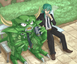 Rule 34 | 2boys, 3 1, alcohol, beer, bench, black necktie, can, chunsoft, cigarette, claws, contemporary, death pisaro, dragon quest, dragon quest iv, enix, extra eyes, fangs, formal, hero (dq4), horns, male focus, monster, multiple boys, nature, necktie, outdoors, parody, pisaro, plant, smoking, spikes, suit
