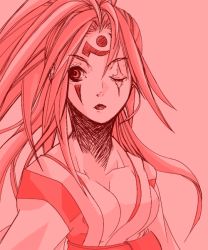 Rule 34 | 1girl, arc system works, baiken, breasts, cleavage, guilty gear, large breasts, lips, monochrome, one-eyed, pink eyes, pink hair, pink theme, scar, scar across eye, scar on face, solo, upper body