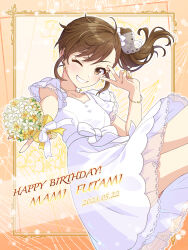 Rule 34 | 1girl, 2023, absurdres, border, bouquet, bow, brown eyes, brown hair, character name, collarbone, dated, dress, earrings, flower, framed, futami mami, grin, hair bow, happy birthday, highres, holding, holding bouquet, idolmaster, idolmaster (classic), jewelry, long hair, looking at viewer, medium dress, nail polish, necklace, one eye closed, ornate border, ribbon, shiro (ongrokm), short sleeves, side ponytail, smile, solo, sparkle, v over eye, white bow, white dress, white ribbon, yellow gemstone, yellow nails, yellow ribbon