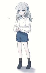 Rule 34 | 1boy, argalia (project moon), bad id, bad twitter id, black footwear, black socks, blue eyes, blue shorts, closed mouth, collared shirt, colored eyelashes, commentary request, expressionless, full body, grey hair, hair between eyes, hair ornament, hesann62, highres, korean commentary, korean text, library of ruina, long hair, long sleeves, male focus, project moon, shirt, shoes, shorts, simple background, sleeve cuffs, socks, solo, standing, translation request, white background, white shirt