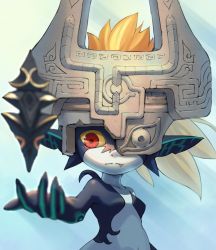 Rule 34 | 1girl, black jacket, blonde hair, breasts, brown sclera, collarbone, colored sclera, commentary request, fang, fang out, floating, gradient background, helmet, highres, jacket, long hair, midna, nintendo, one eye covered, pointy ears, red eyes, saburou (jako), small breasts, stone, the legend of zelda, the legend of zelda: twilight princess, upper-body