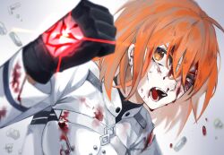 Rule 34 | 1girl, blood, blood on face, command spell, fate/grand order, fate (series), fujimaru ritsuka (female), fujimaru ritsuka (female) (decisive battle chaldea uniform), gloves, glowing, highres, looking to the side, medium hair, omame korokor, one eye closed, open mouth, orange eyes, orange hair, portrait, solo, white background