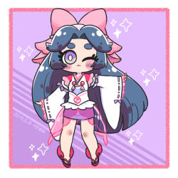 1girl :3 azuma_sara blush_stickers border bow bright_pupils chibi chibi_only dated eyelashes full_body furisode_sleeves japanese_clothes karin_(100100) kimono lipstick long_hair looking_at_viewer makeup one_eye_closed pink_bow pink_footwear purple_background purple_eyes sarazanmai solo sparkle star_(symbol) star_in_eye symbol_in_eye thick_eyebrows white_border white_kimono white_pupils wide_sleeves