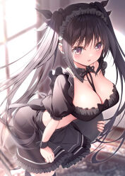 Rule 34 | 1girl, :d, absurdres, apron, backlighting, between breasts, black apron, black hair, black ribbon, black skirt, black thighhighs, breasts, brown eyes, cleavage, commentary request, frilled skirt, frills, hair bobbles, hair ornament, hair ribbon, highres, holding, holding tray, kine-c, large breasts, leaning forward, long hair, looking at viewer, maid, maid headdress, open mouth, original, puffy short sleeves, puffy sleeves, ribbon, short sleeves, skirt, smile, solo, sunlight, thighhighs, tray, two side up, very long hair, waist apron, window, wrist cuffs