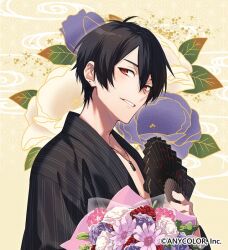Rule 34 | alternate costume, black hair, black kimono, blush, bouquet, copyright name, flower, grin, hand fan, holding, holding fan, japanese clothes, jewelry, kimono, leaf, looking at viewer, necklace, nijisanji, official alternate costume, official art, pendant, pink flower, purple flower, red eyes, smile, teeth, virtual youtuber, white flower, xia (ryugo), yellow background, yumeoi kakeru, yumeoi kakeru (2nd costume)