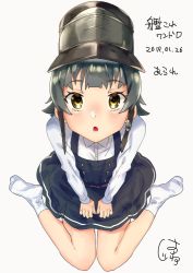 Rule 34 | 1girl, 2019, arare (kancolle), arare kai ni (kancolle), belt, black hair, black skirt, blouse, blunt bangs, blush, brown eyes, buttons, collared shirt, commentary request, dated, dress, from above, full body, hands on own leg, hat, hatu xxgoukan, kantai collection, long sleeves, looking at viewer, looking up, no shoes, one-hour drawing challenge, open mouth, pinafore dress, shirt, short hair, simple background, sitting, skirt, sleeveless, sleeveless dress, socks, solo, strap, teeth, wariza, white background, white shirt, white socks
