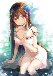 Rule 34 | 1girl, :o, absurdres, bare arms, bare shoulders, blue flower, breasts, brown eyes, brown hair, cleavage, dress, feet out of frame, flower, hair between eyes, hair flower, hair ornament, hand on own chest, highres, hiromaster sinta jh, large breasts, long hair, looking at viewer, original, sitting, soaking feet, solo, strapless, strapless dress, very long hair, water, white dress, yellow flower