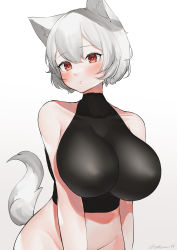 Rule 34 | 1girl, absurdres, artist name, bare shoulders, black shirt, blush, breasts, closed mouth, highres, inubashiri momiji, large breasts, long hair, red eyes, red hair, shirt, short hair, sleeveless, sleeveless shirt, solo, tail, take (take143000), touhou, white background, white hair, wolf girl, wolf tail