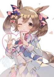 Rule 34 | 1girl, absurdres, animal ears, blue jacket, blush, bow, bowtie, brown eyes, brown hair, commentary, hair bow, hands up, heart, heart hands, highres, horse ears, horse girl, horse tail, jacket, long sleeves, looking at viewer, one eye closed, open mouth, pink bow, pink bowtie, skirt, smart falcon (umamusume), snowy integrity (umamusume), solo, symbol-only commentary, tail, twintails, umamusume, upper body, usukawa (uskw sr)
