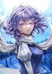 Rule 34 | 1girl, absurdres, bare tree, closed mouth, commentary request, highres, juliet sleeves, letty whiterock, long sleeves, looking at viewer, mamiru (42105269), outdoors, puffy sleeves, purple eyes, purple hair, scarf, short hair, snow, solo, touhou, tree, upper body, white headwear, white scarf